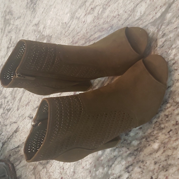 Green Faux Suade Bamboo 4.5" Heeled Open-Toe Boot - Picture 2 of 9